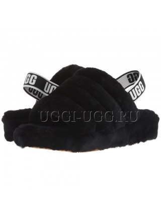 Меховые угги сандалии черные UGG Fluff Yeah Slide Black